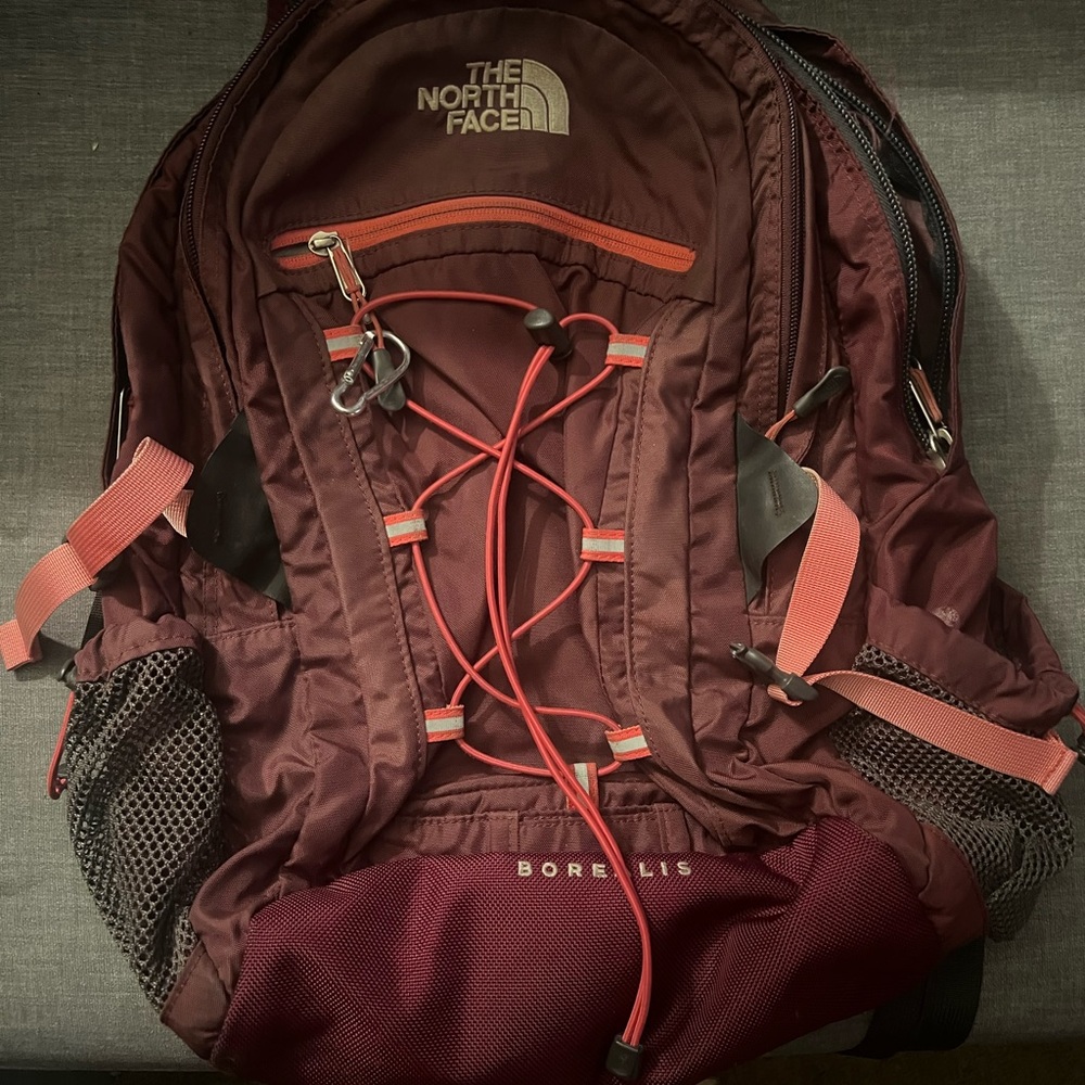 The North Face Borealis Backpack in Burgundy with Coral Accents